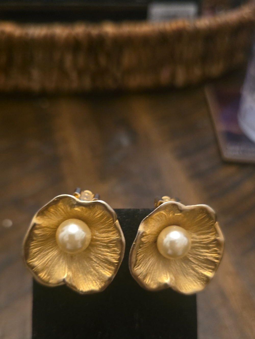 Gold Flower Pearl Center Stud Earrings - Women Jewelry